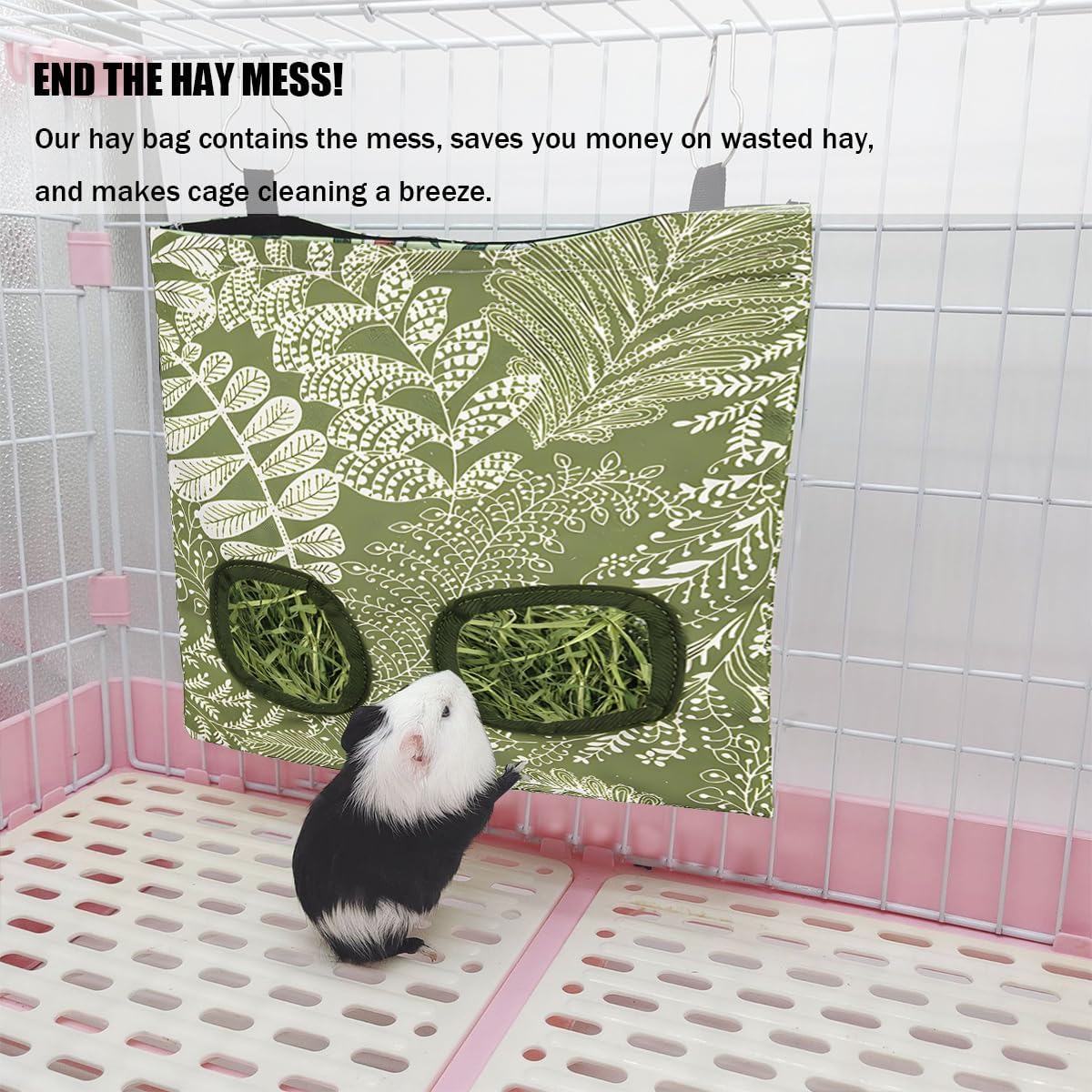 Rabbit Hay Feeder, Guinea Pig Hay Holder & Bunny Hay Feeder - Durable Hanging Hay Bag for Rabbits Chinchillas Guinea Pigs Bunnies - Chew-Resistant Hay Holder for Small Animals (Grass Green) - Image 2