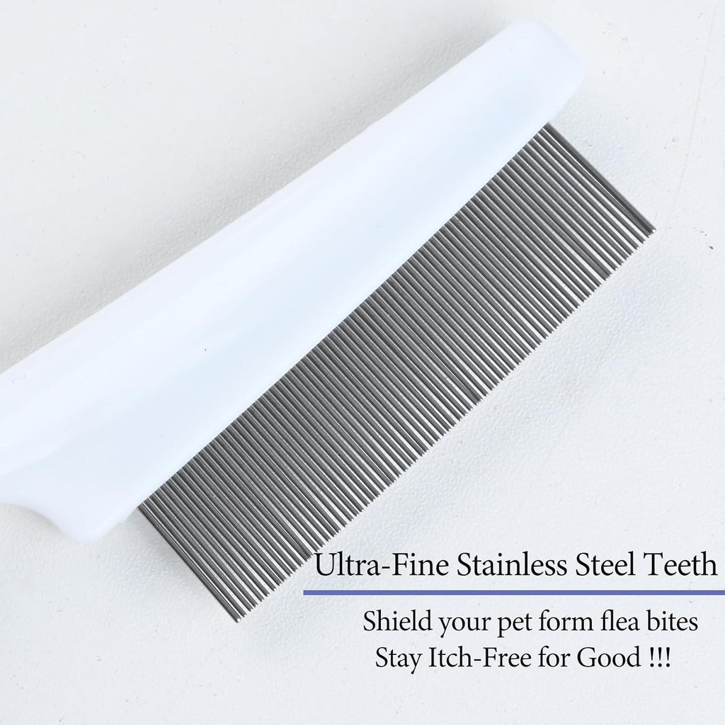 Close up of fine metal teeth on pet flea comb