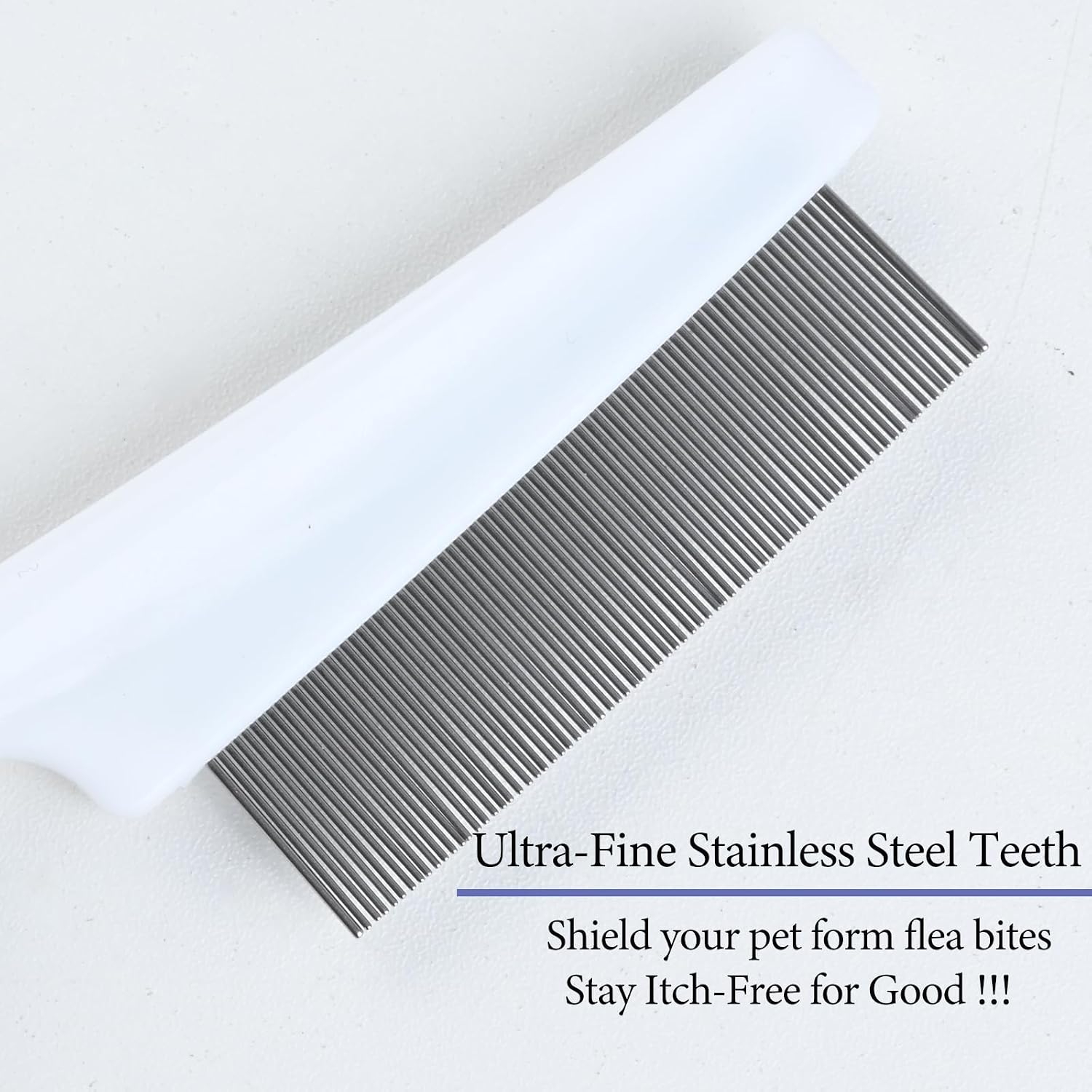 Close up of fine metal teeth on pet flea comb