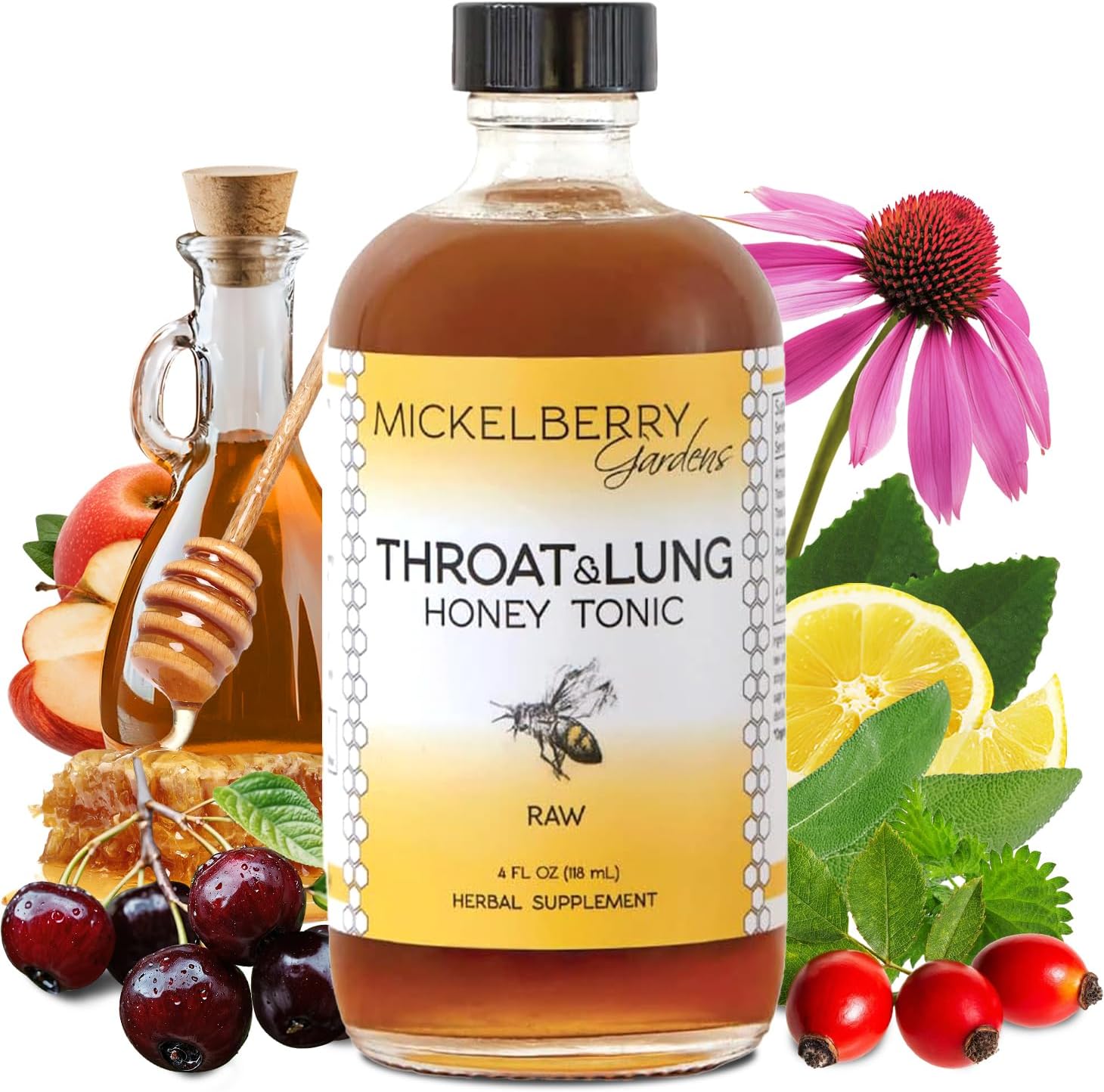 Mickelberry Gardens Throat and Lung Honey Tonic four ounce bottle front view for natural cough relief.