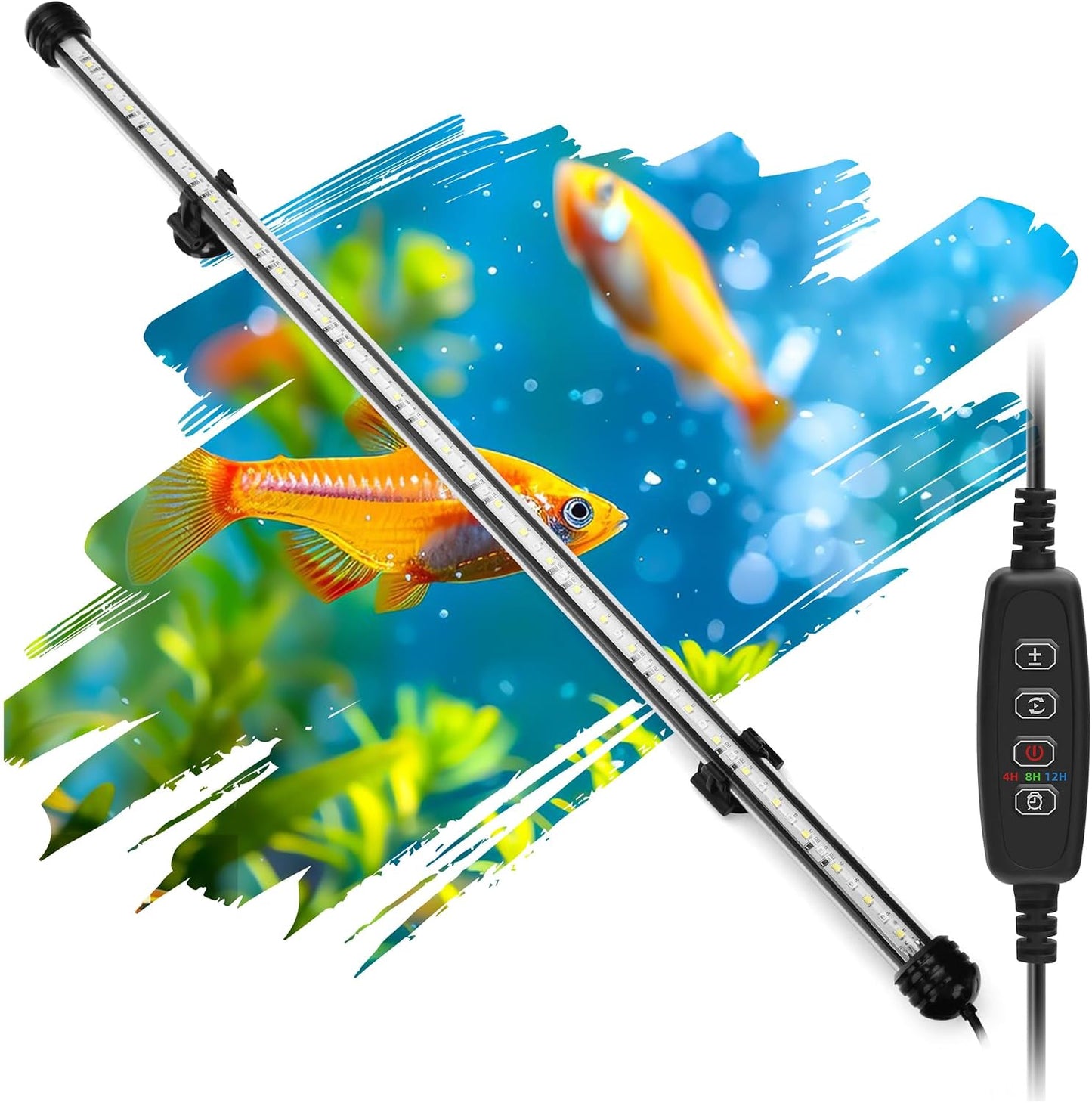 Novique imported underwater aquarium light packaging contents showing the light bar, suction pieces, and user guide.