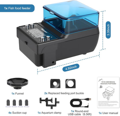 Infographic detailing the 120 days battery life and memory function features of the Fishkeeper automatic feeder.