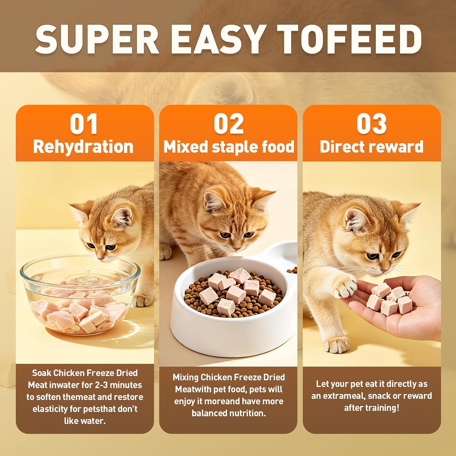 Premium USA imported freeze dried chicken treats container showing nutritional facts.