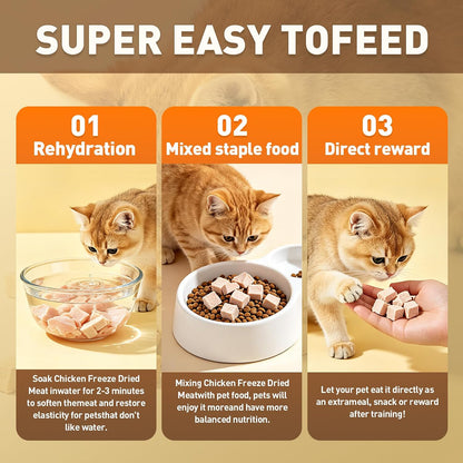 Premium USA imported freeze dried chicken treats container showing nutritional facts.