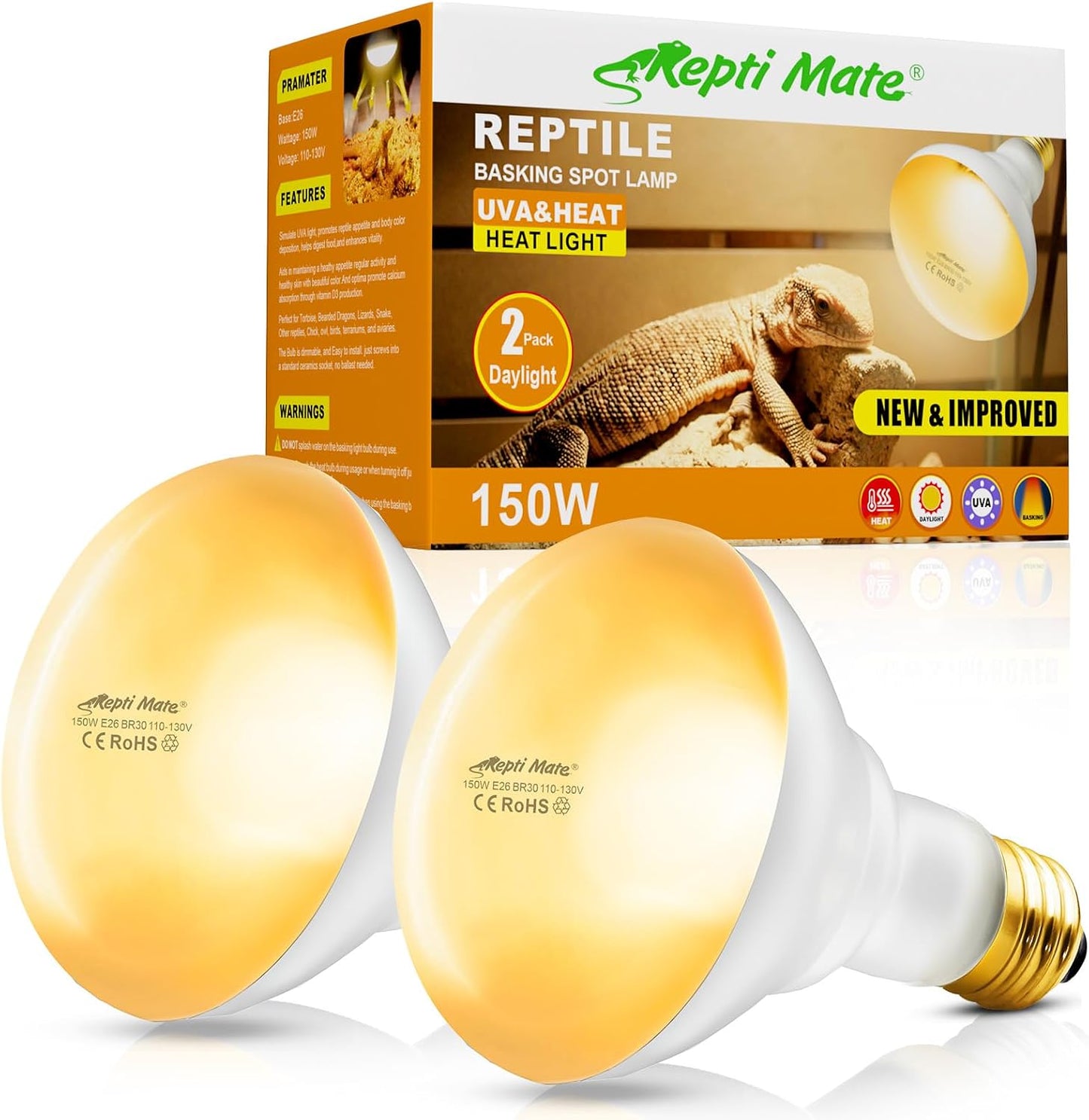 REPTITRIP reptile heat lamp 150W 2-pack front view showcasing the heavy duty glass design