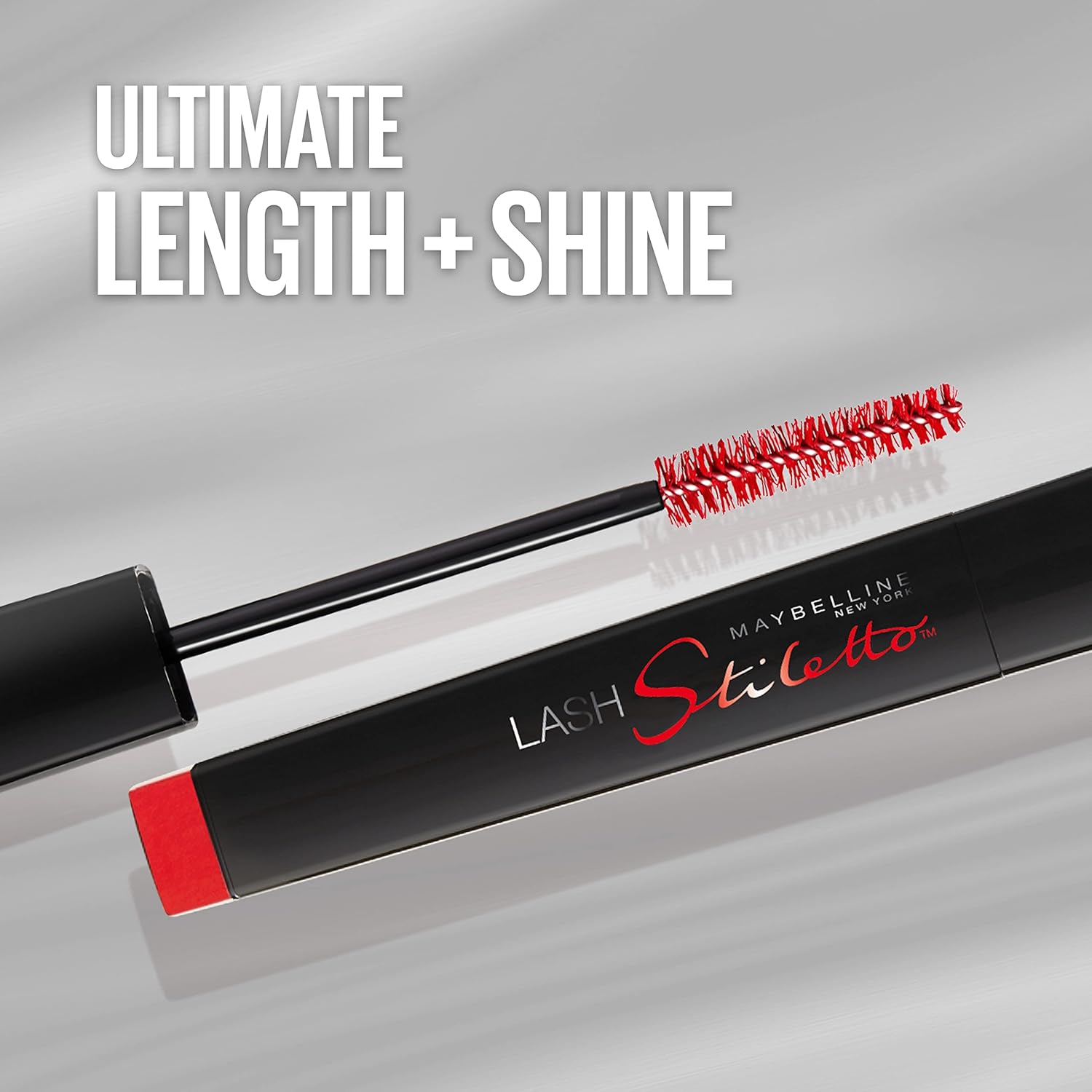 Side angle packaging view of the authentic USA imported Maybelline Lash Stiletto mascara in Very Black shade.