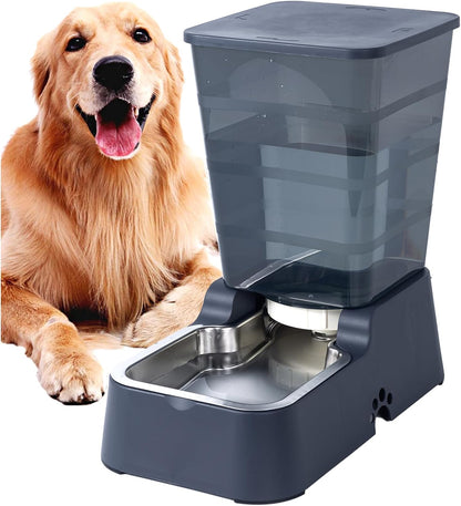 Meikuler automatic pet water dispenser front view showing transparent 5L reservoir and black base