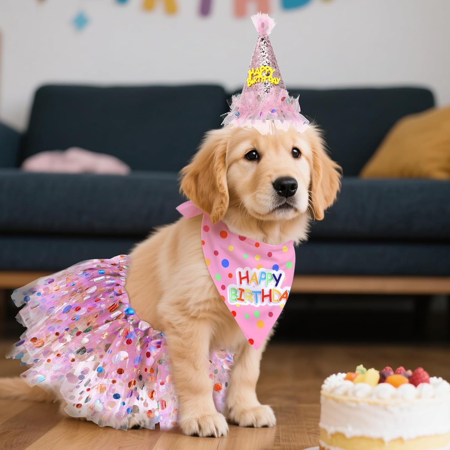 Three piece imported pink pet costume outfit celebration accessories kit