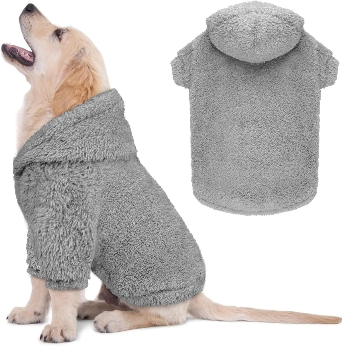 Fuzzy Dog Hoodie Dog Sweaters for Large Dogs Soft Double-Sided Plush Fleece Sweater Clothes Coats Hoodie Sherpa Hooded Sweatshirt(Grey-L) - Image 12