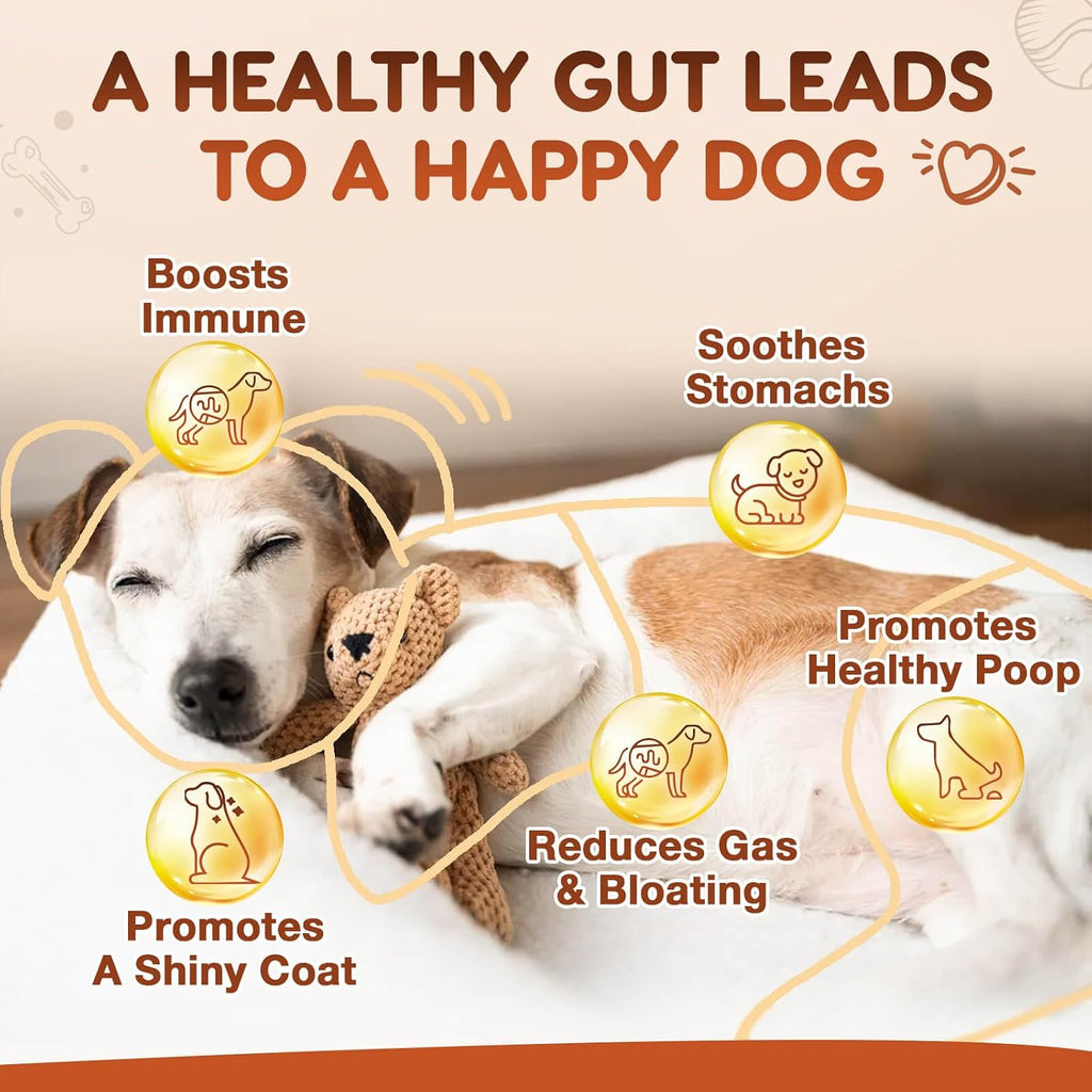 Premium chicken flavored probiotic soft bites for dogs of all ages showing product facts label.