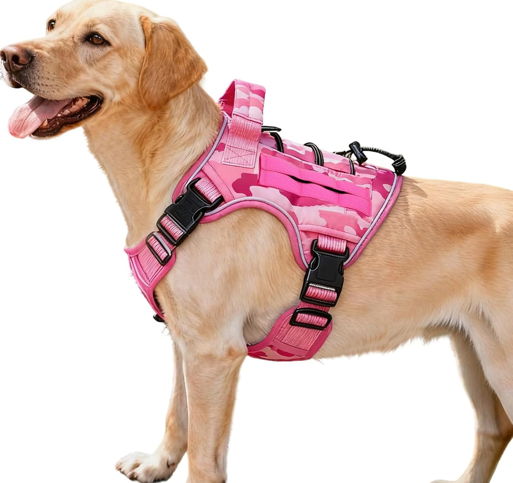Bruvoalon tactical dog harness front view showing heavy duty pink camo design for training