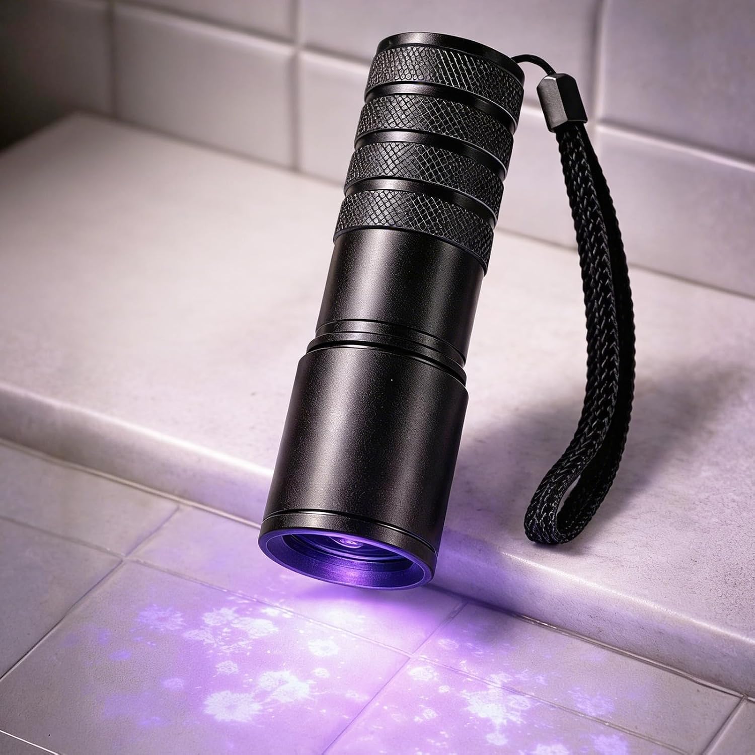 Generic portable blacklight flashlight front view highlighting the twelve light emitting diode bulbs for pet stain detection.