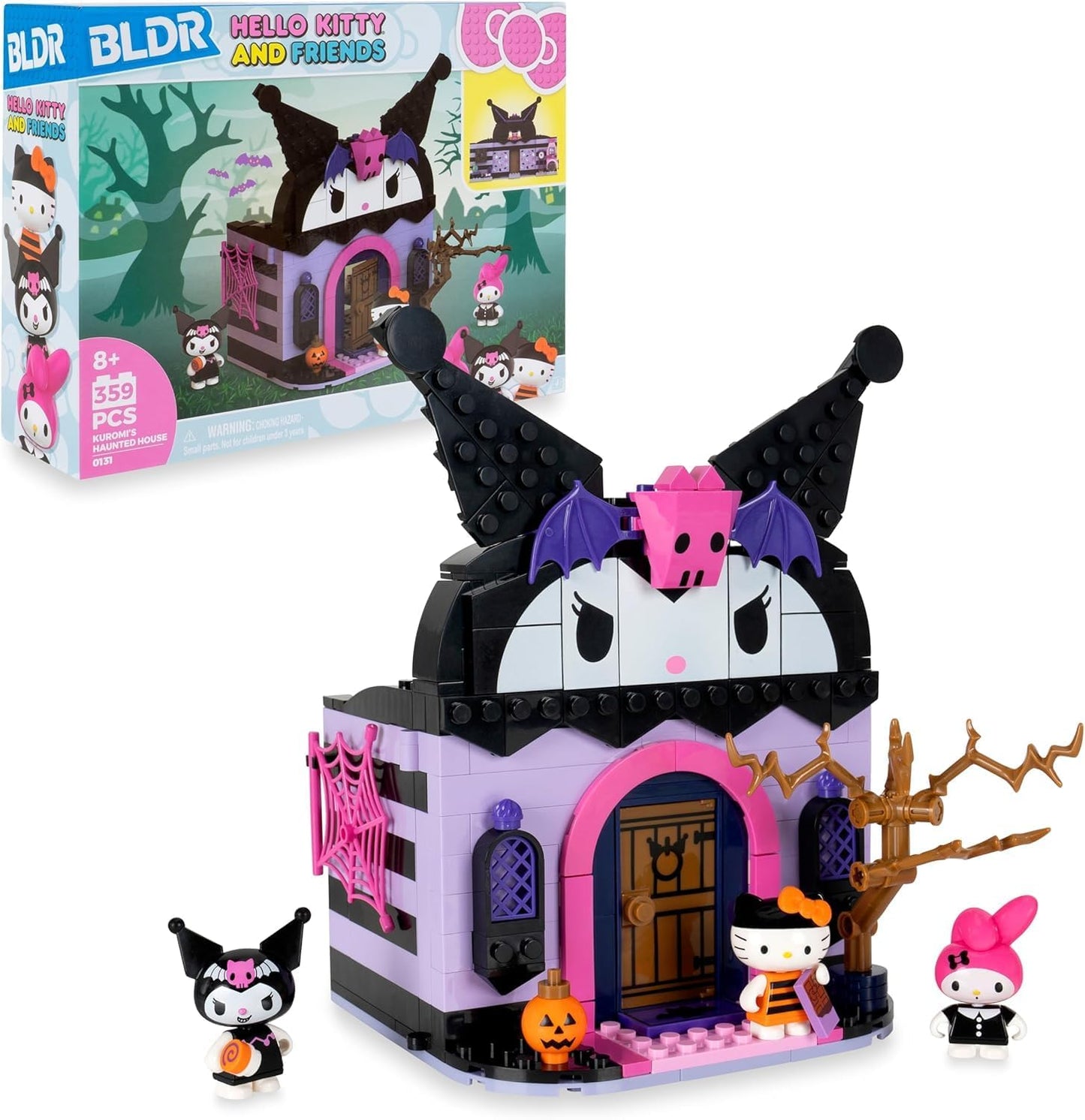 BLDR Hello Kitty and Friends Kuromi's Haunted House Building Set front packaging view showing the completed toy house and three minifigures.