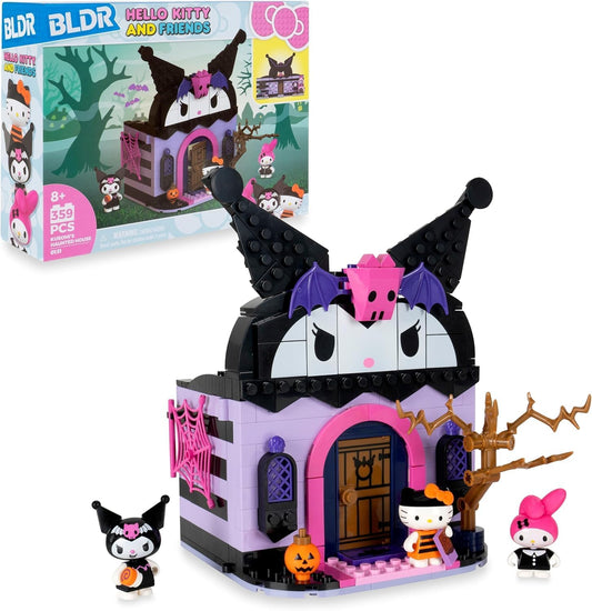 BLDR Hello Kitty and Friends Kuromi's Haunted House Building Set front packaging view showing the completed toy house and three minifigures.