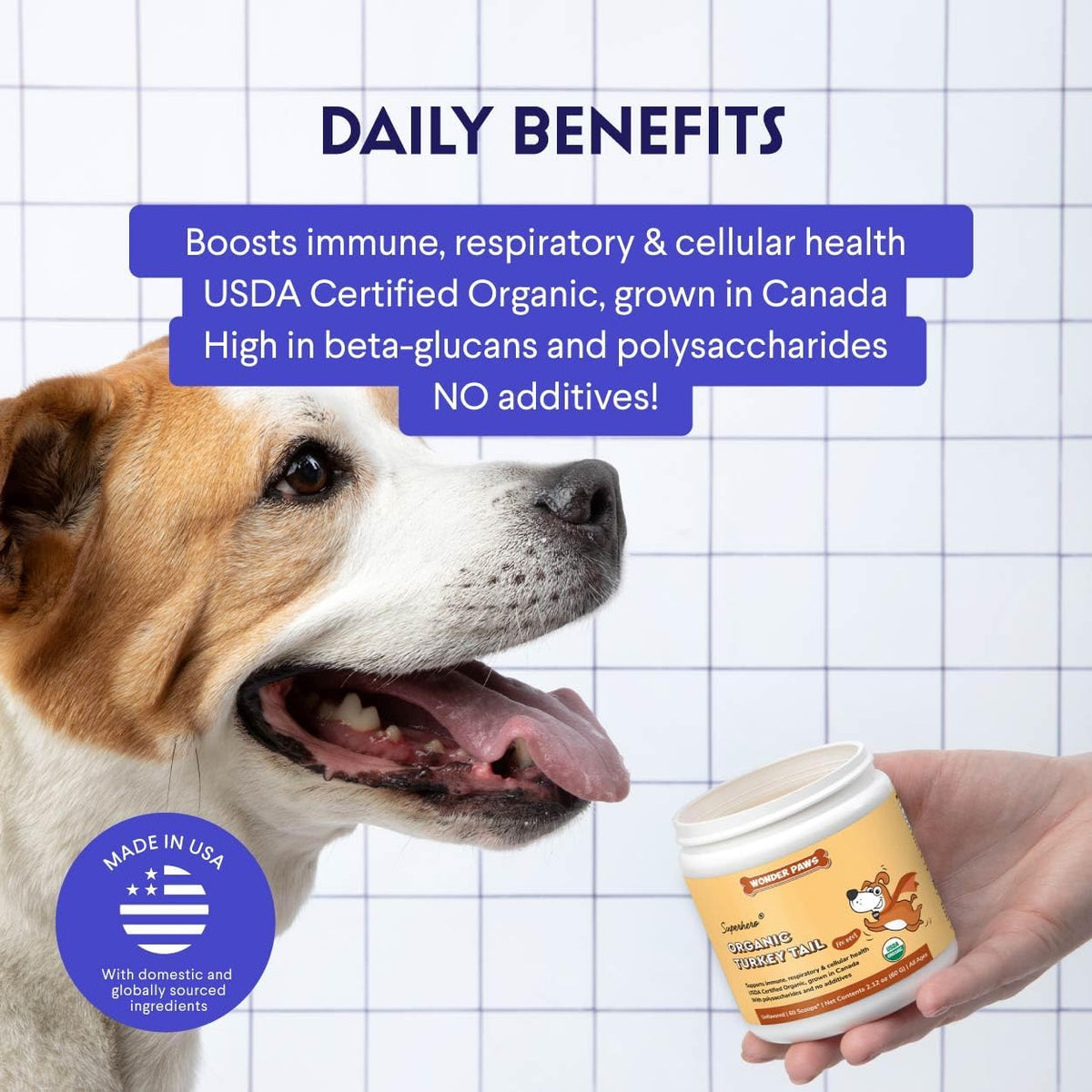Wonder Paws canine immune and digestive health supplement container with a USDA Organic seal.