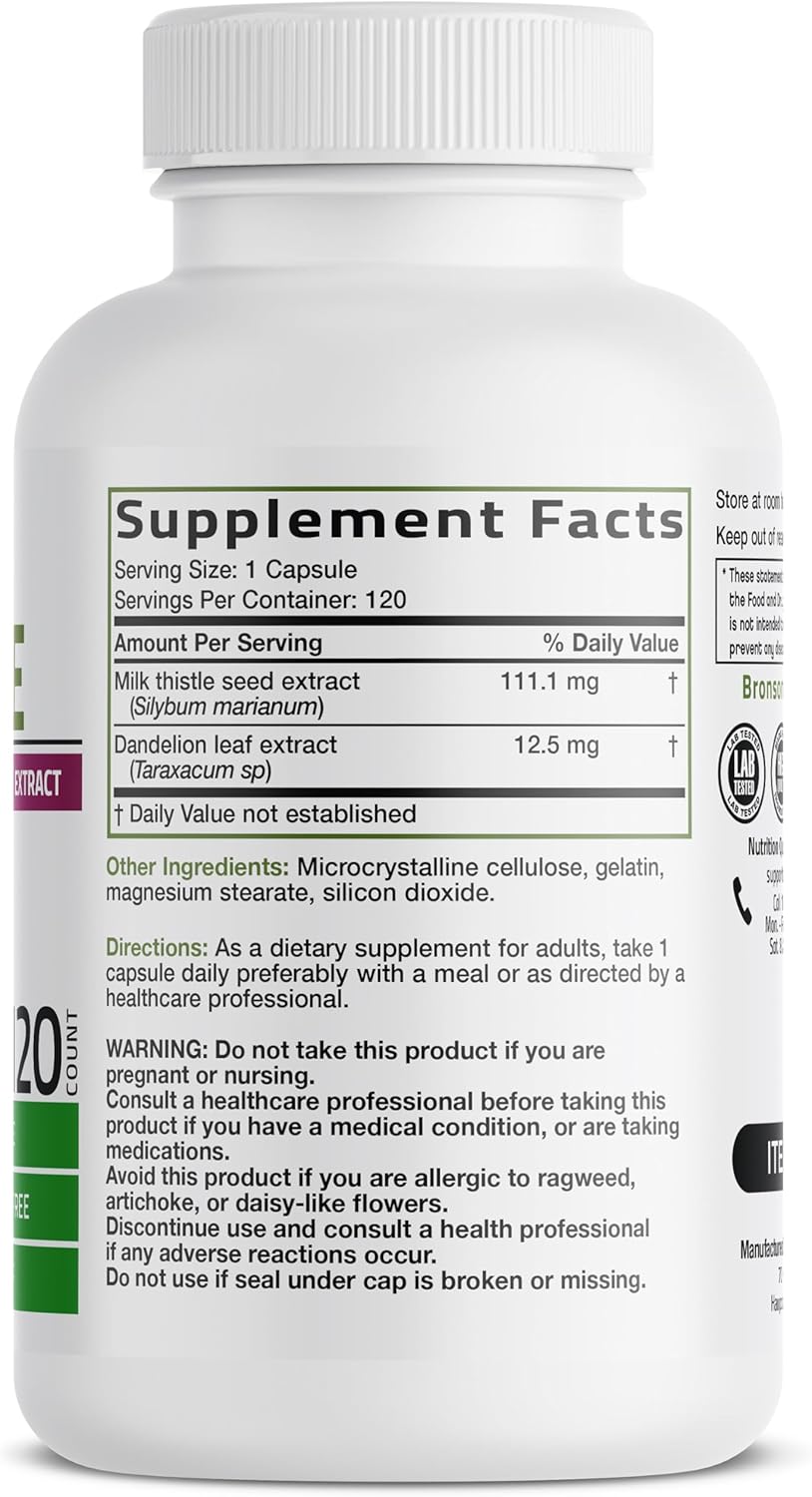 Bronson Milk Thistle Silymarin Marianum & Dandelion Extract, 120 Capsules - Image 2