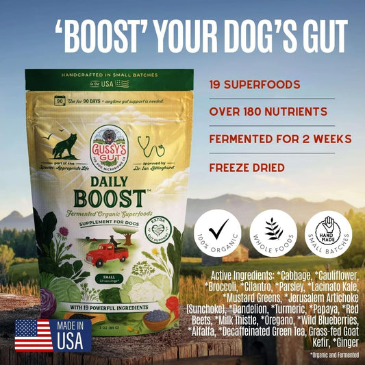 Organic pre and probiotic powder for canine digestive care by Gussys Gut.