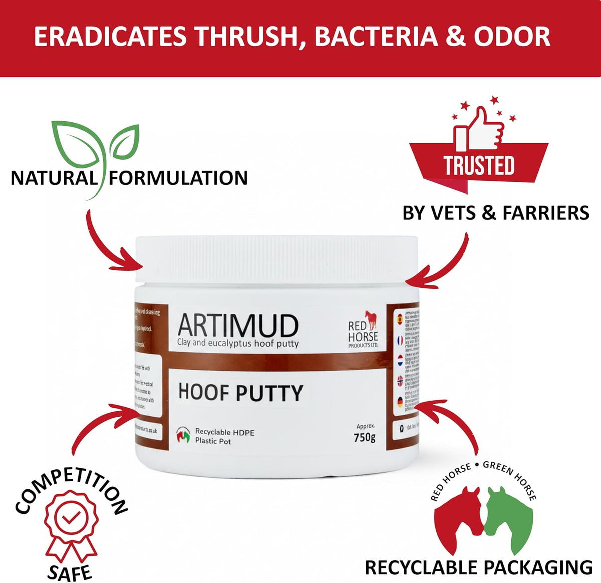Red Horse Products Artimud eucalyptus hoof clay textured putty for horse thrush treatment