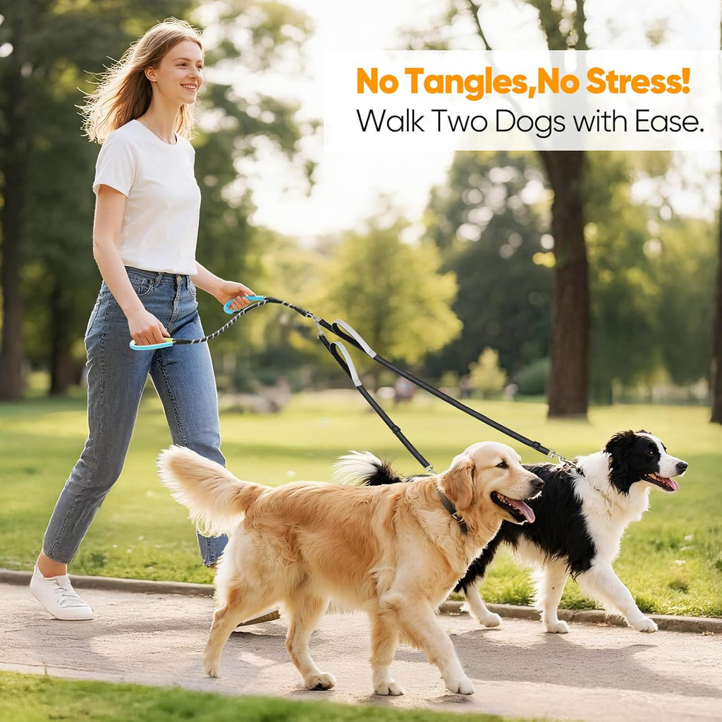 Reflective double leash for two dogs showing night visibility threading.