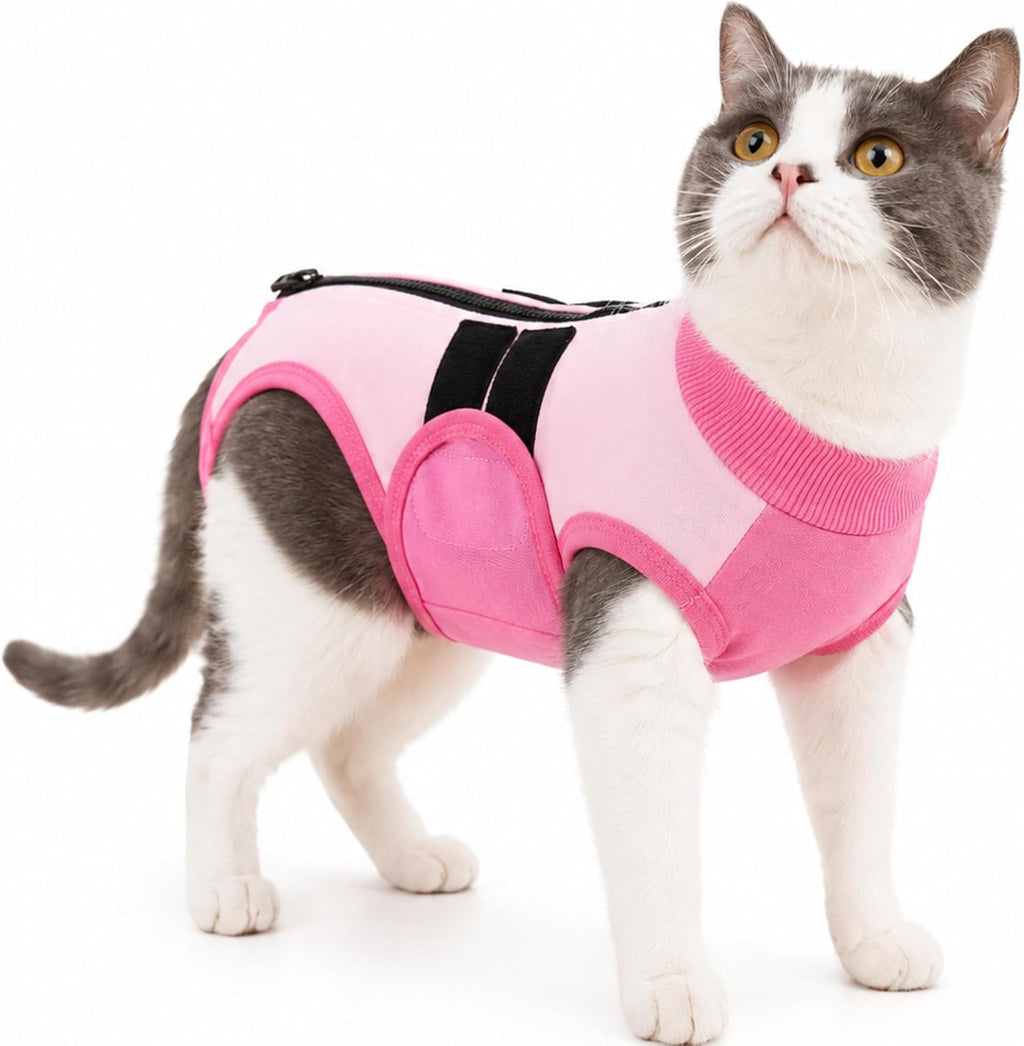 Pumyporeity cat recovery suit pink front view for female cats