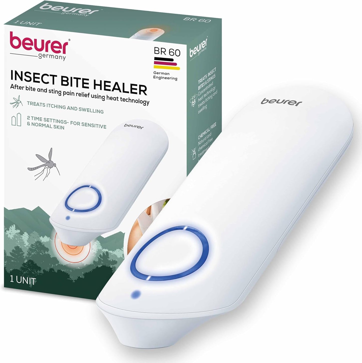 Beurer BR60 Insect Sting and Bug Bite Healer device front view showing the sleek white ergonomic handle and activation button.