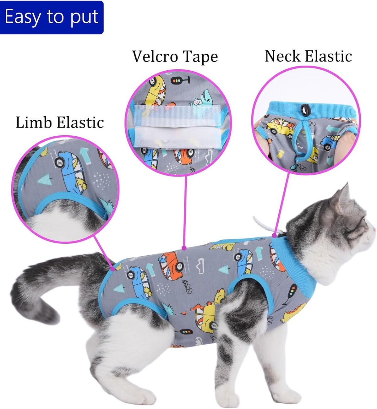 Cat wearing gray surgical onesie showing abdominal wound coverage