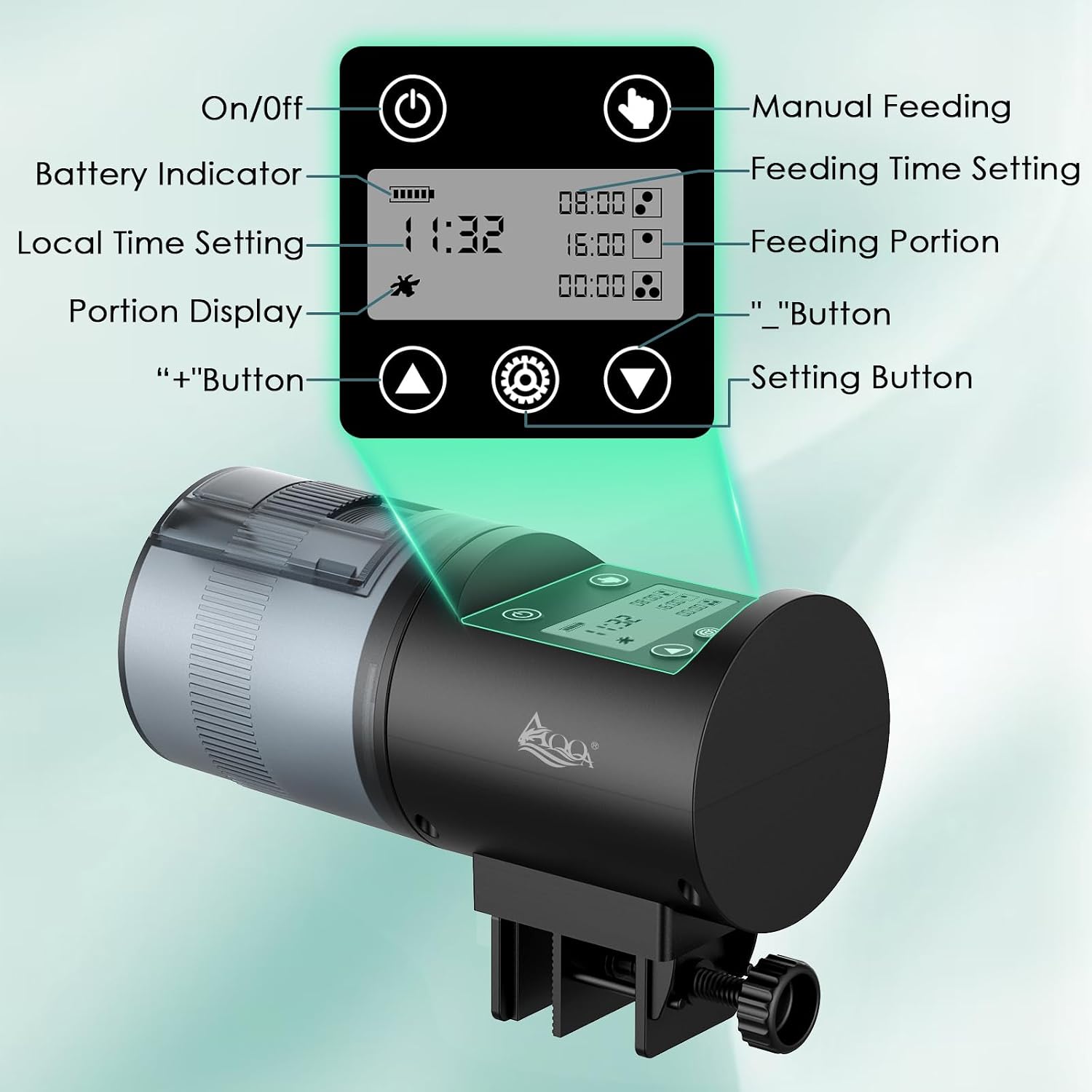 Battery operated aquarium food dispenser side view with clamp