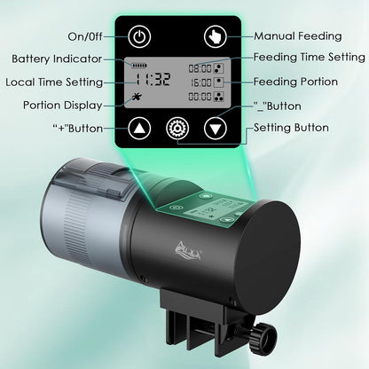 Battery operated aquarium food dispenser side view with clamp