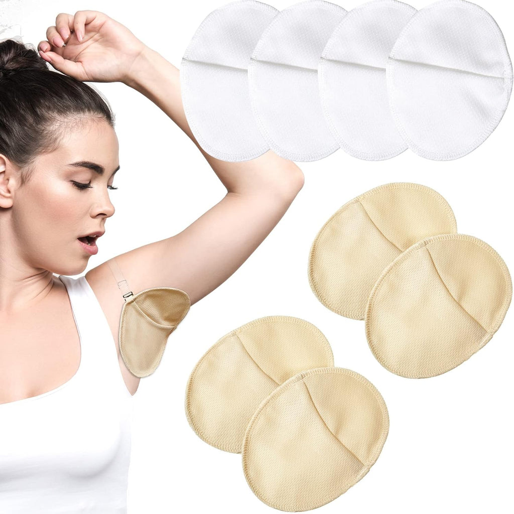 Hercicy reusable underarm sweat pads front view showcasing 4 pairs in nude and white