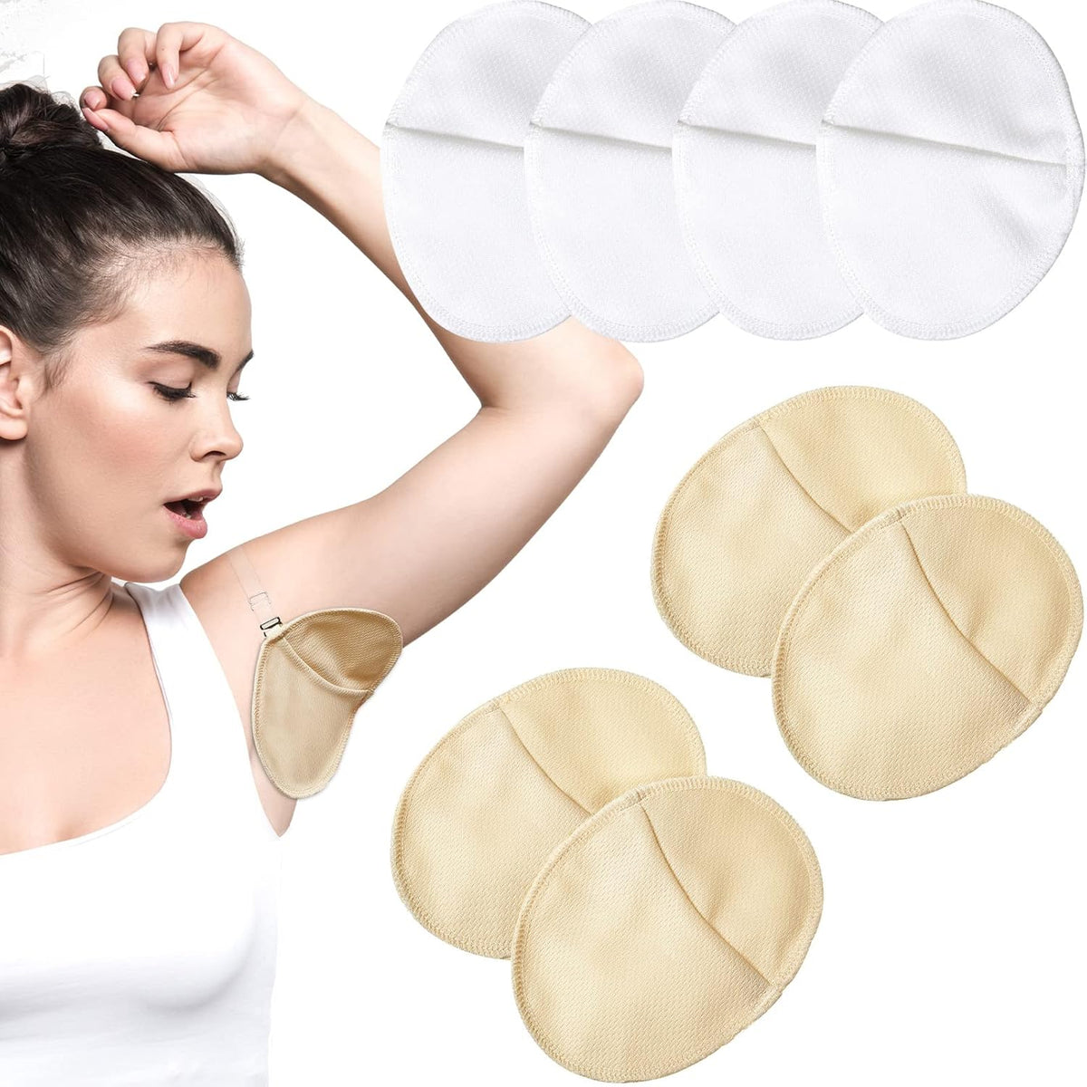 Hercicy reusable underarm sweat pads front view showcasing 4 pairs in nude and white
