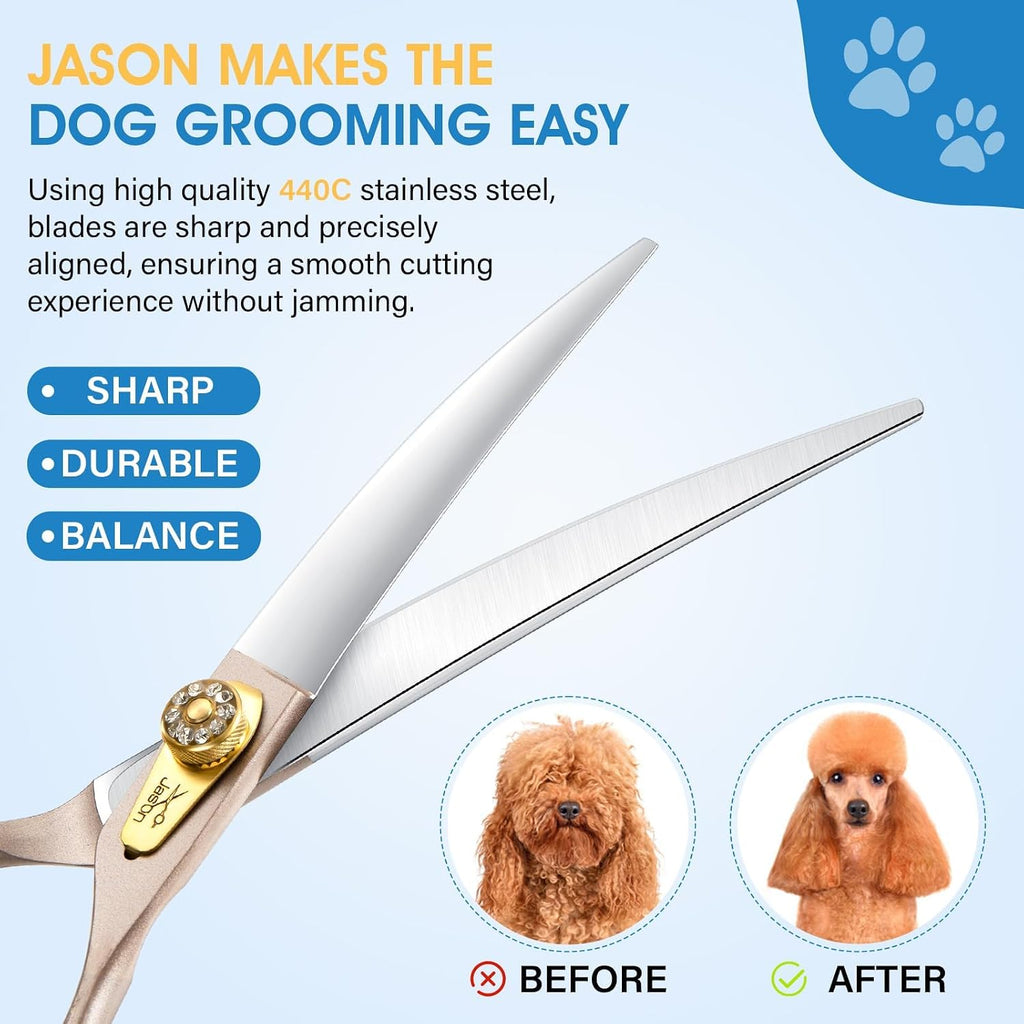 JASON professional pet trimming scissors curved blade detail view