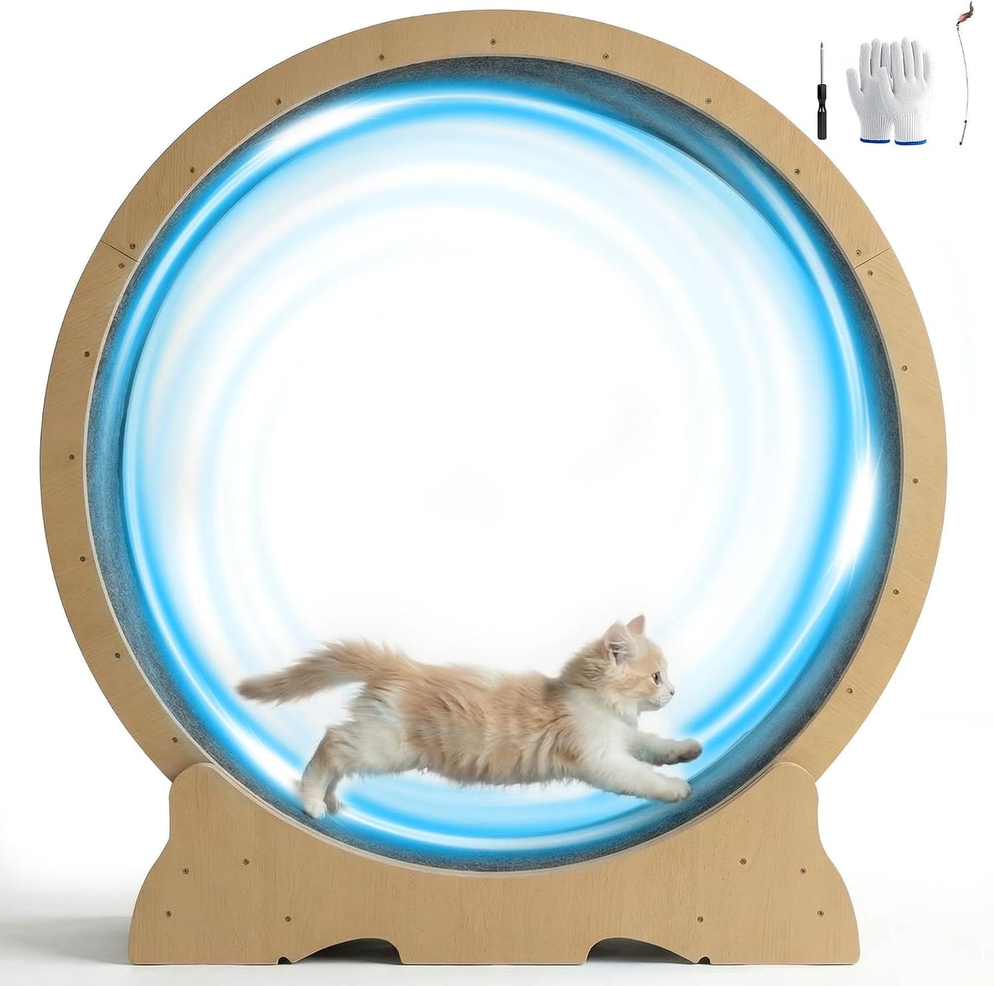 POLAHAKU Cat Exercise Wheel 48 Inch front view of natural wood indoor treadmill