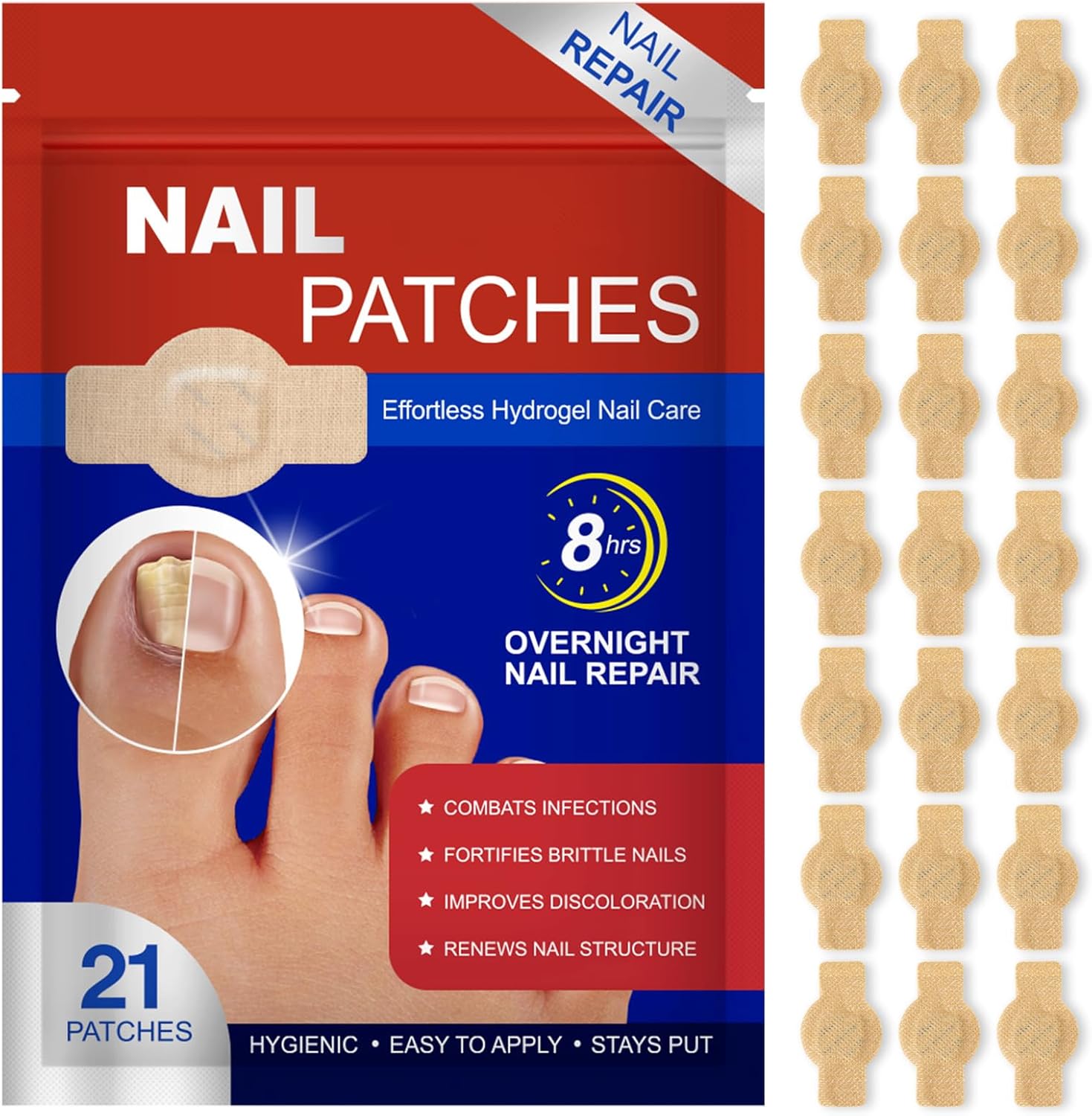 Fanshi Fungal Nail Patches front view showing package of twenty one overnight hydrogel nail treatment strips.