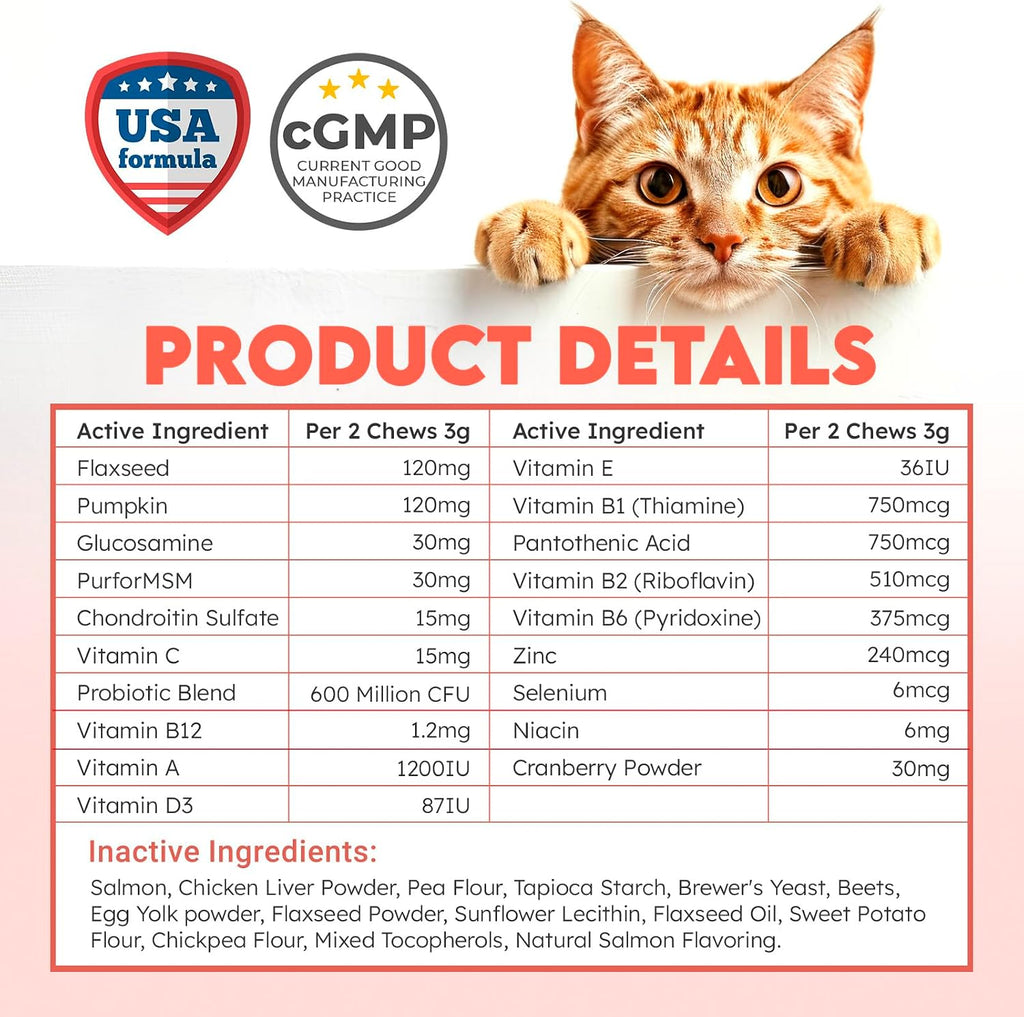 Authentic imported USA cat vitamins container highlighting the salmon flavor label graphics.