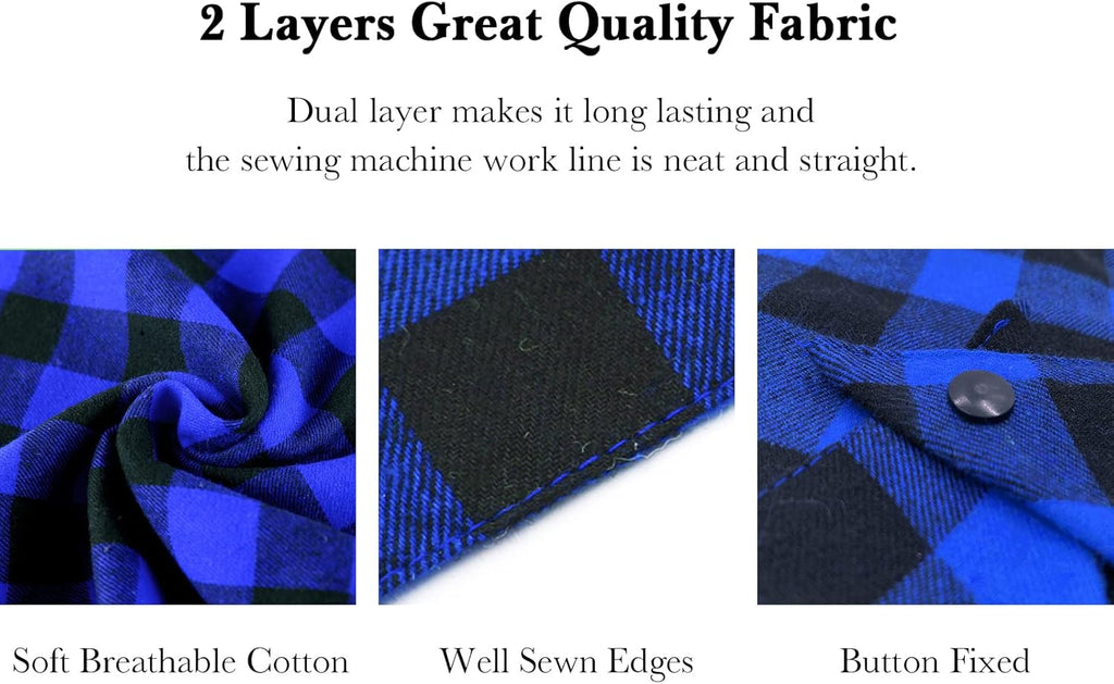 Close up view of the durable snap button closure on the plaid puppy scarf.