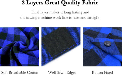 Close up view of the durable snap button closure on the plaid puppy scarf.
