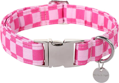Up Urara Pup pink plaid cotton dog collar front view