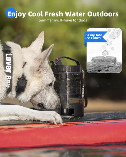 Lesotc portable pet travel jug with carabiner clip attached to a camping backpack