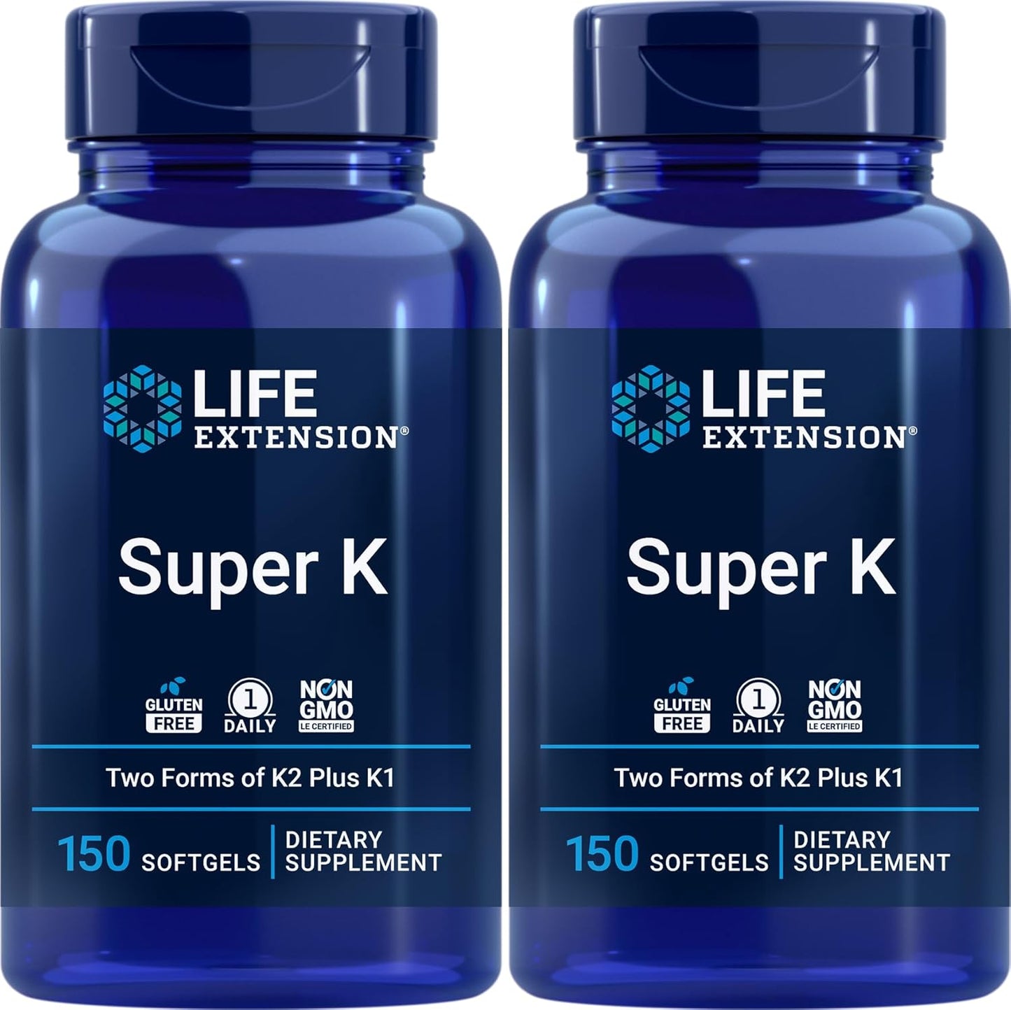 Life Extension Super K 150 softgels two pack bottle front view for bone and heart health