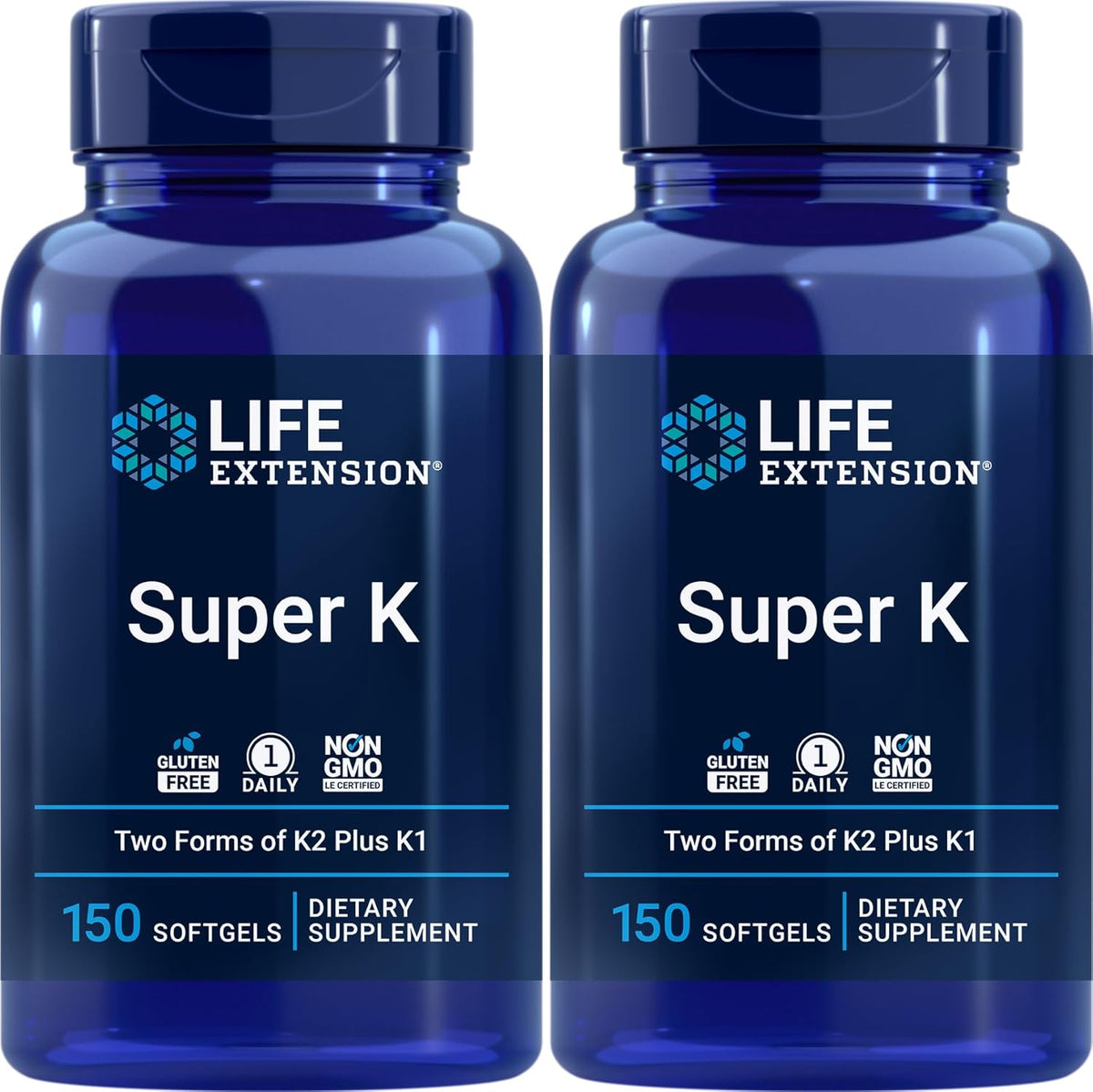 Life Extension Super K supplement bottles front view showcasing 150 softgels count.