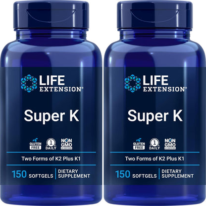 Life Extension Super K 150 softgels two pack bottle front view for bone and heart health
