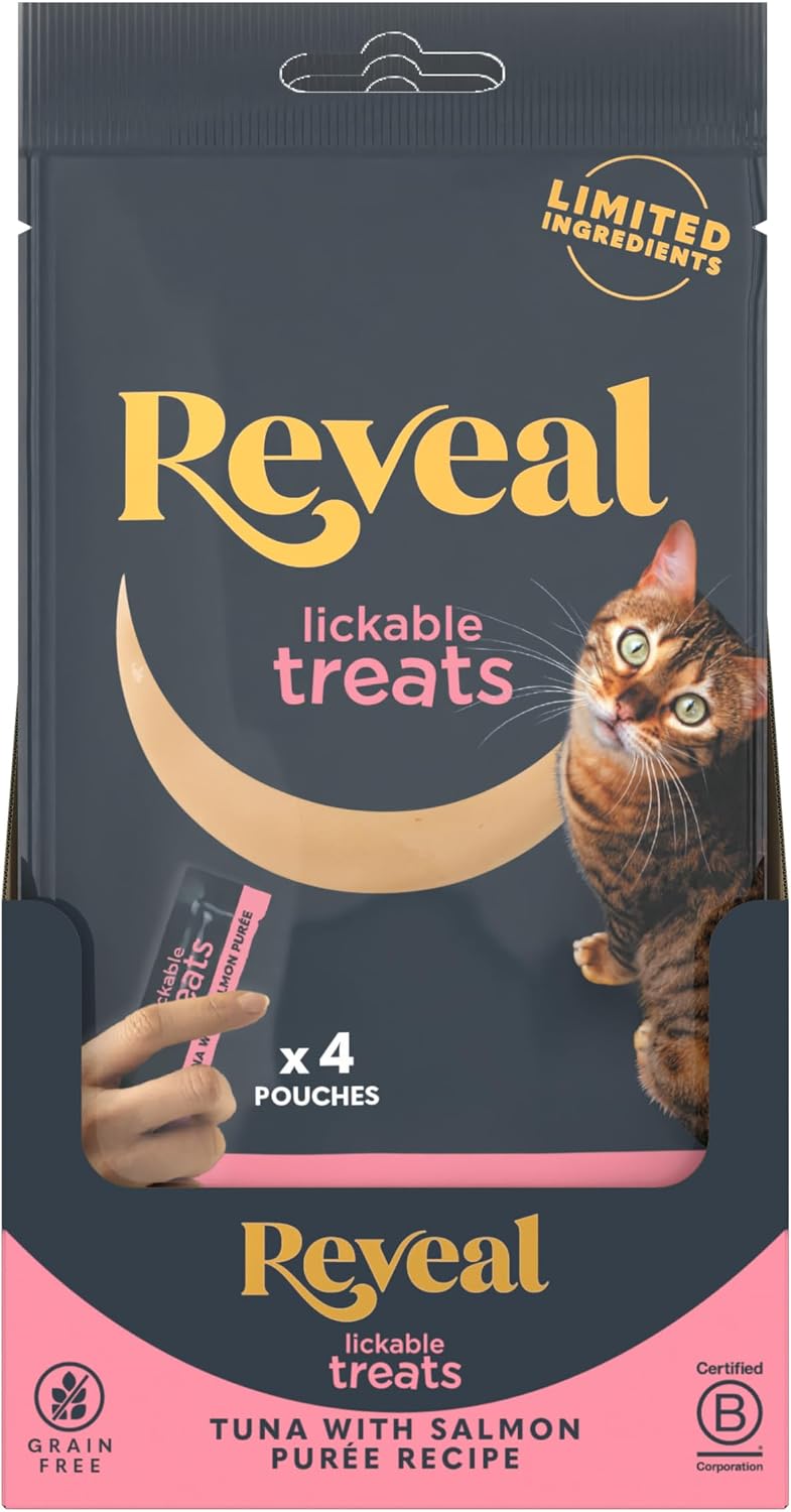 Reveal Fish and Chicken Variety Puree Lickable Cat Treats 20-Pack, Limited Ingredient, Grain Free, Protein Squeeze Up Cat Treats for Training or Food Topper (20 x 0.5 oz Pouches) - Image 8