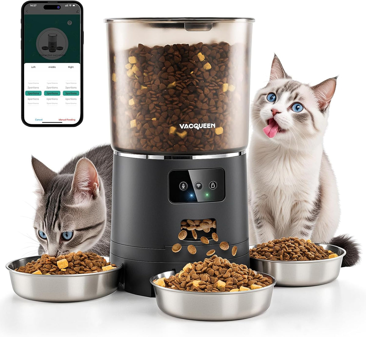 Vacqueen automatic cat feeder for three cats front view smart pet food dispenser