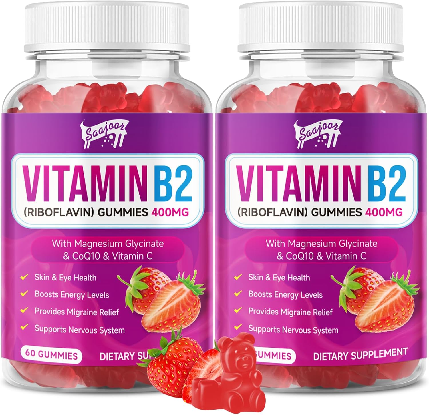 Saajoor Vitamin B2 Riboflavin 400mg Gummies front view bottle for migraine relief.