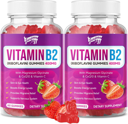 Saajoor Vitamin B2 Riboflavin 400mg Gummies front view bottle for migraine relief.
