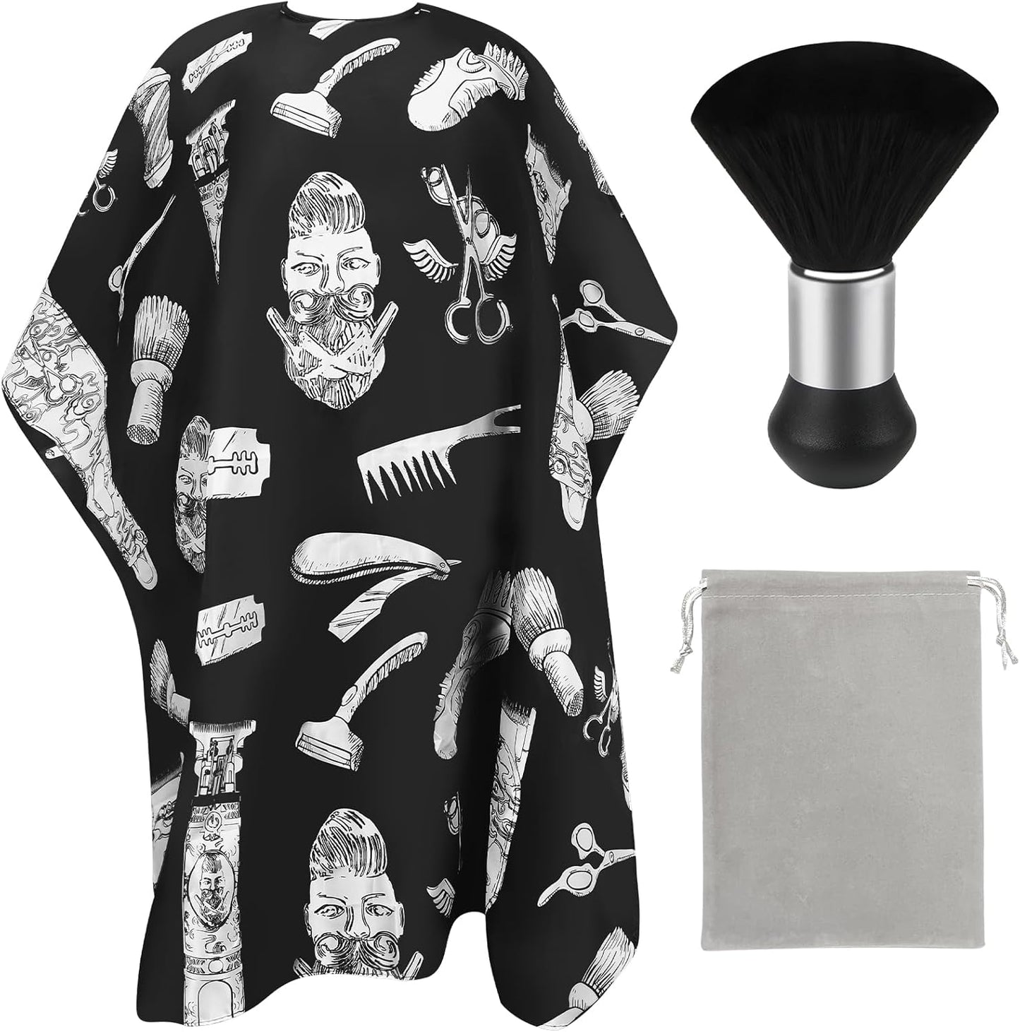 EHJYO professional barber cape front view showing black and white hairdressing print