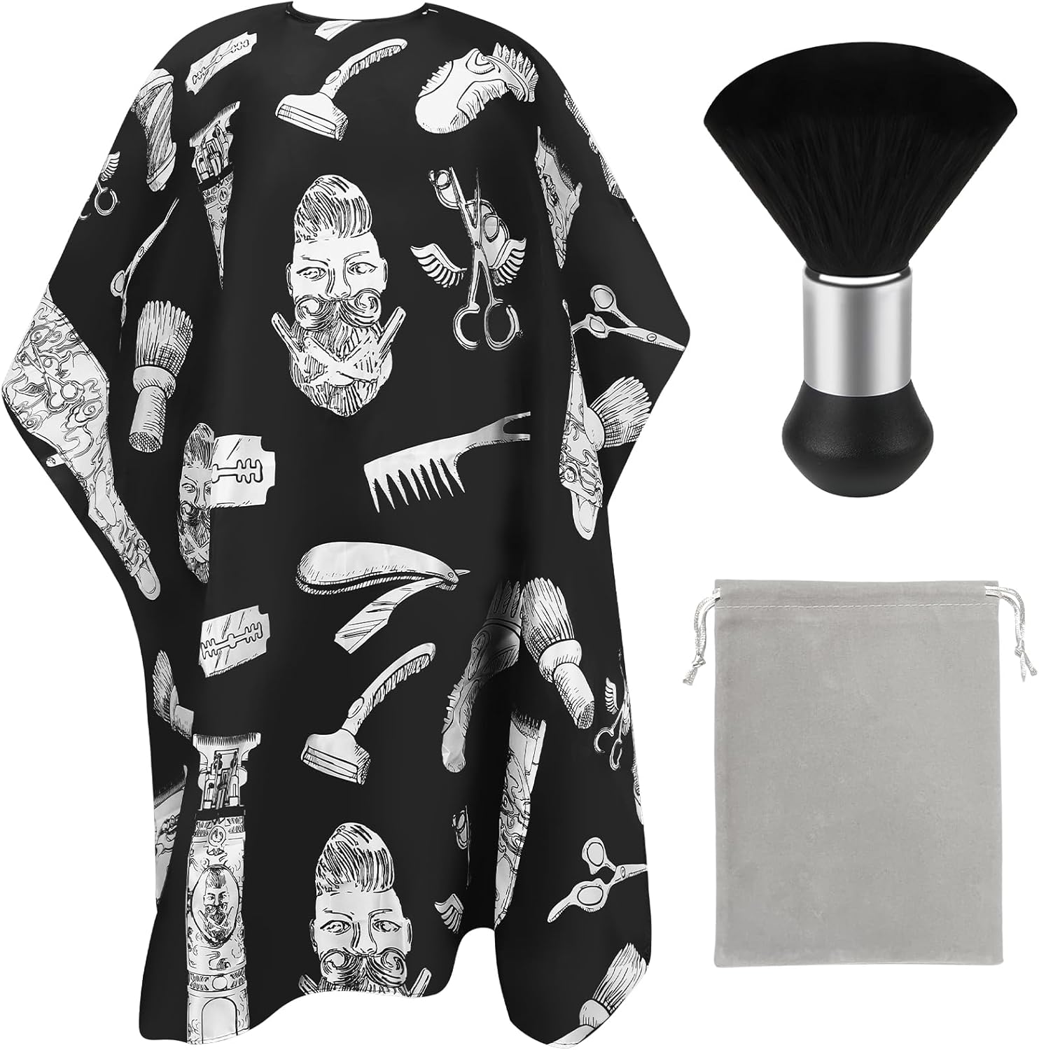 EHJYO professional barber cape front view showing black and white hairdressing print