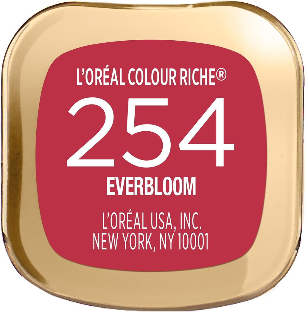 L'Oreal Paris satin lip color showing base label with shade name Everbloom