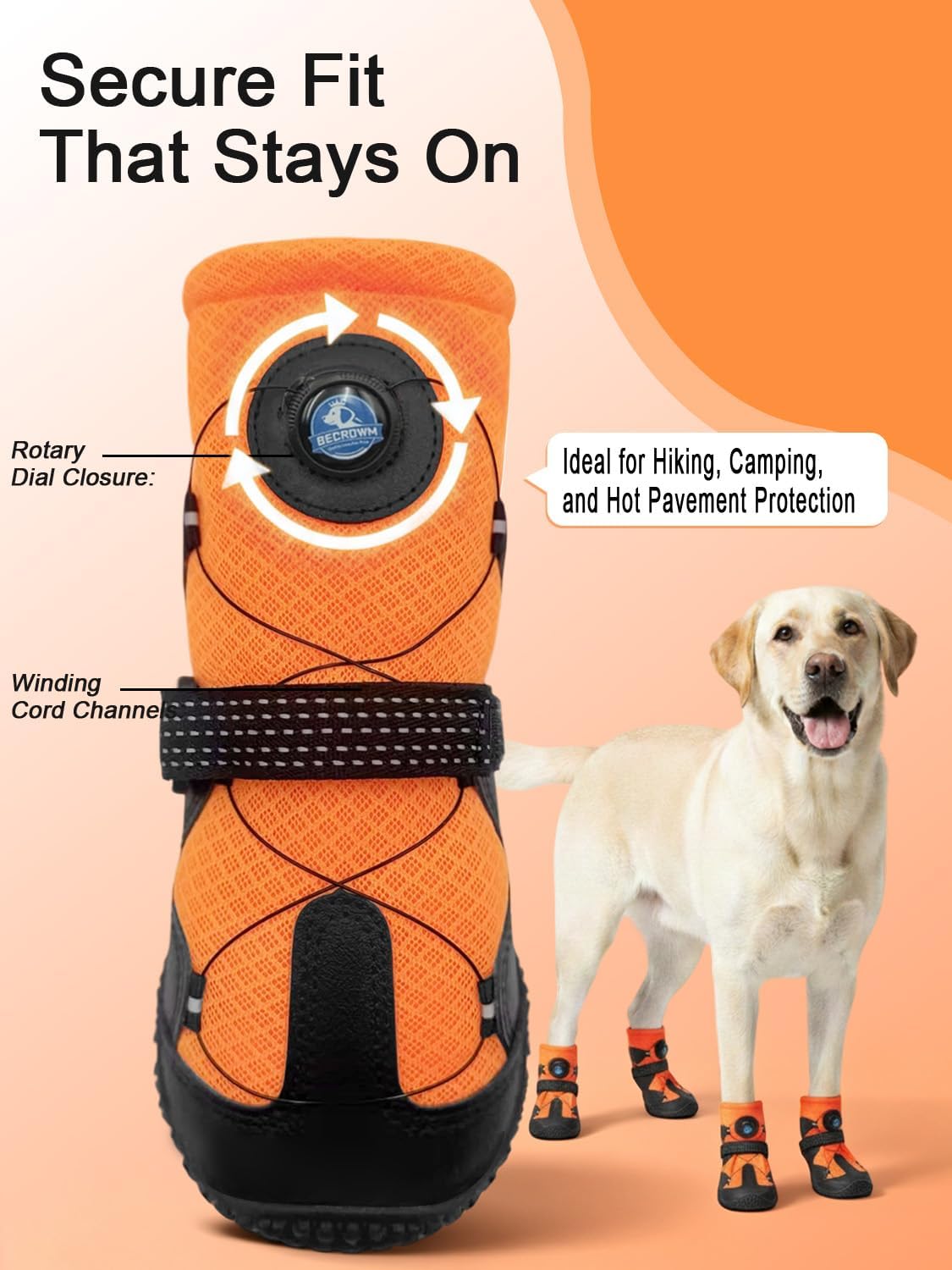 Close up of Becrowm dog shoe tension knob system