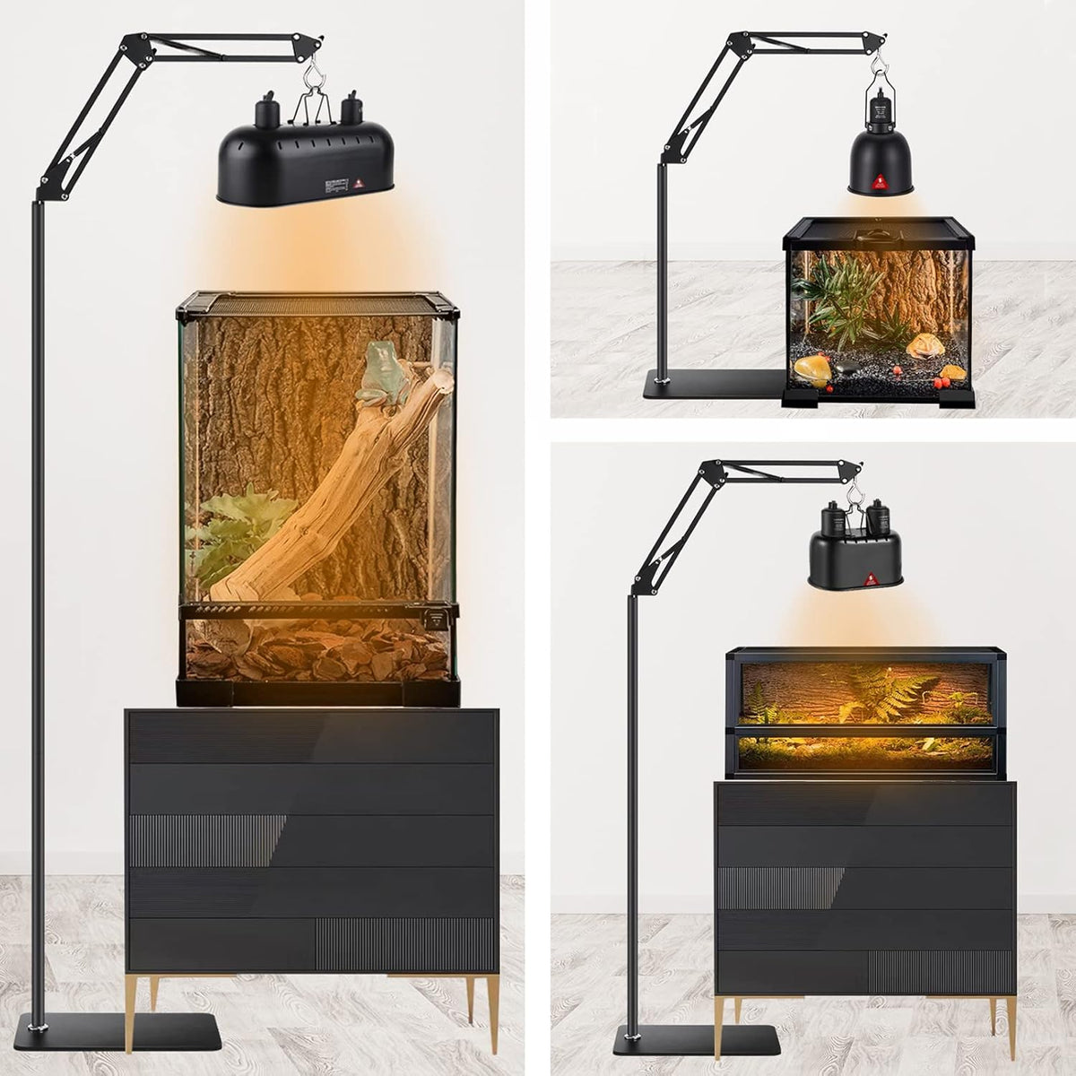 Dxoveen adjustable heat lamp stand supporting a hanging reptile lighting fixture.